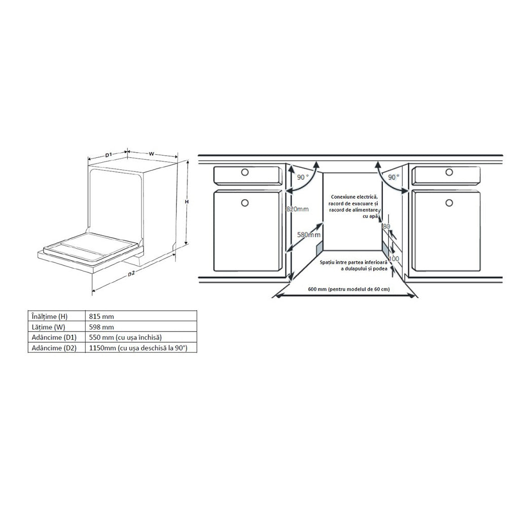 Heinner Einbaugeschirrspüler HDW-BIM60514E – 60 cm – 14 Maßgedecke – Energieeffizienzklasse E – AquaStop – Maßzeichnung