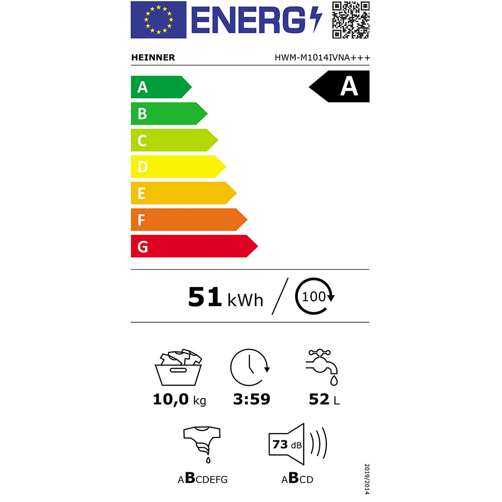 Heinner Waschmaschine HWM-M1014IVNA – 10 kg – 1400 U/min – Energieeffizienzklasse A – Energielabel