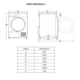 Heinner Wärmepumpentrockner HHPD-M8G3PDA++ – 8 kg – Knitterschutzfunktion – Maßzeichnung