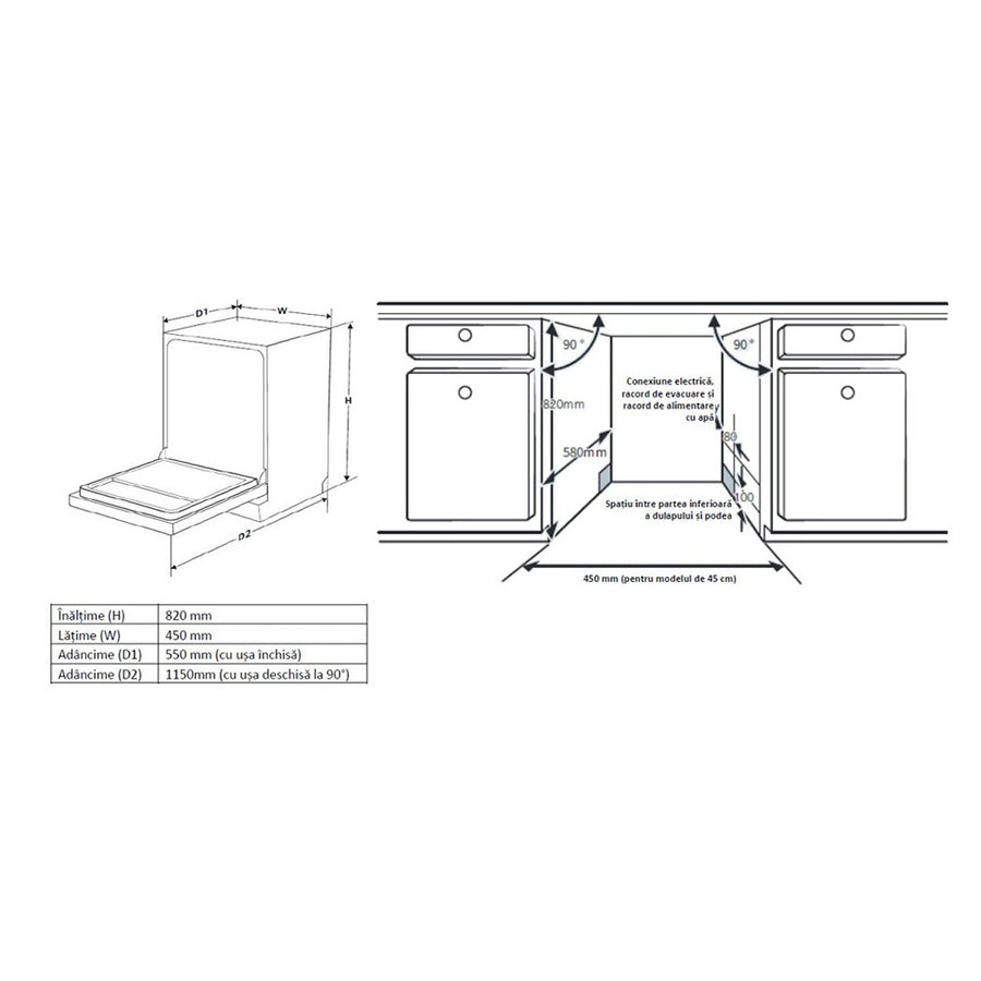 Einbau-Geschirrspüler Heinner HDW-BIM45710A – 45 cm – 10 Maßgedecke – AquaStop – Maßzeichnung