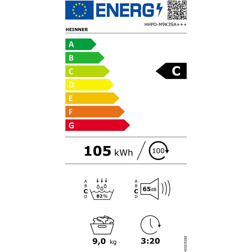 Heinner Wärmepumpentrockner HHPD-M9K3S – 9 kg – Energieeffizienzklasse C – Energielabel