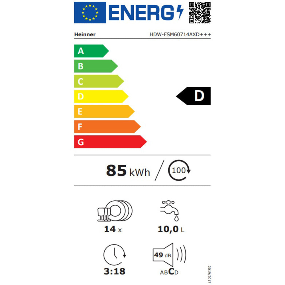 Heinner HDW-FSM60714AXD freistehender Geschirrspüler – 14 Maßgedecke – Dual Zone – Energieeffizienzklasse D – Energielabel