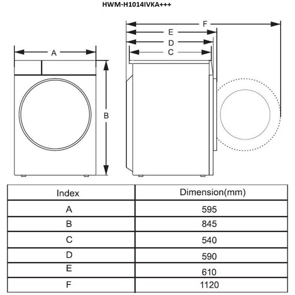 Heinner Waschmaschine HWM-H1014IVKA – 10 kg – 1400 U/min – Energieeffizienzklasse A – Maßzeichnung