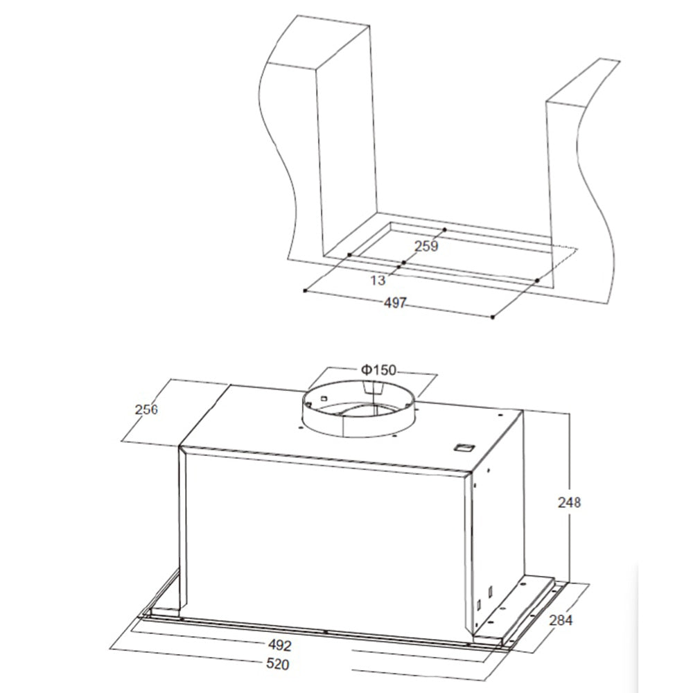 Heinner Dunstabzugshaube HBIH-MD600IX – Einbau – 52 cm – 3 Geschwindigkeiten – Maßzeichnung