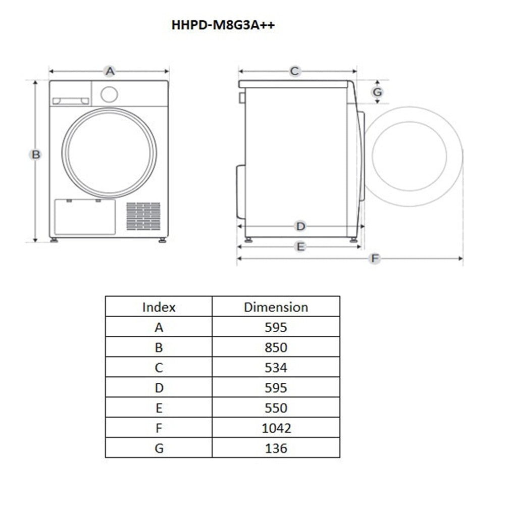 Heinner Wärmepumpentrockner HHPD-M8G3A++ – 8 kg – Energieeffizienzklasse E – Maßzeichnung