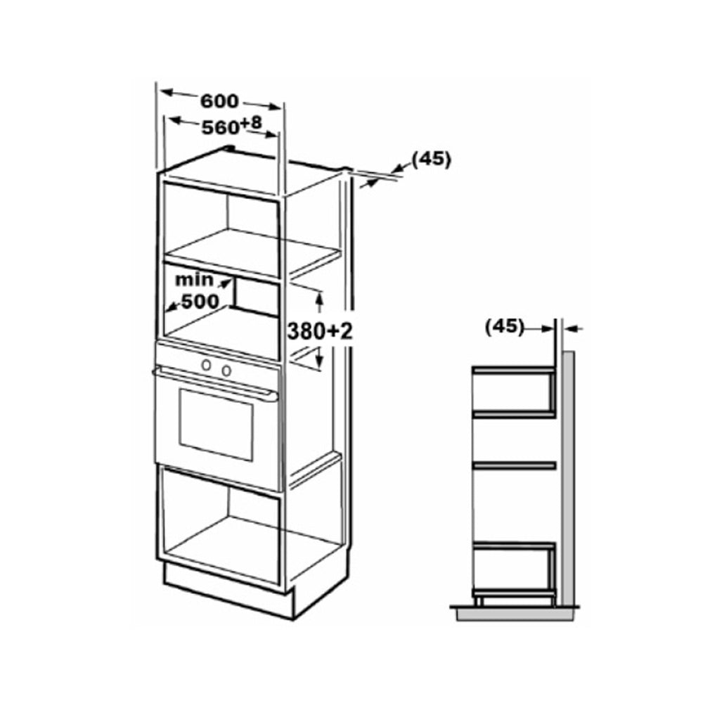 Heinner Mikrowelle HMW-MDBI25GDIX – Einbau – 25 L – Grill – digital – Edelstahl – Maßzeichnung