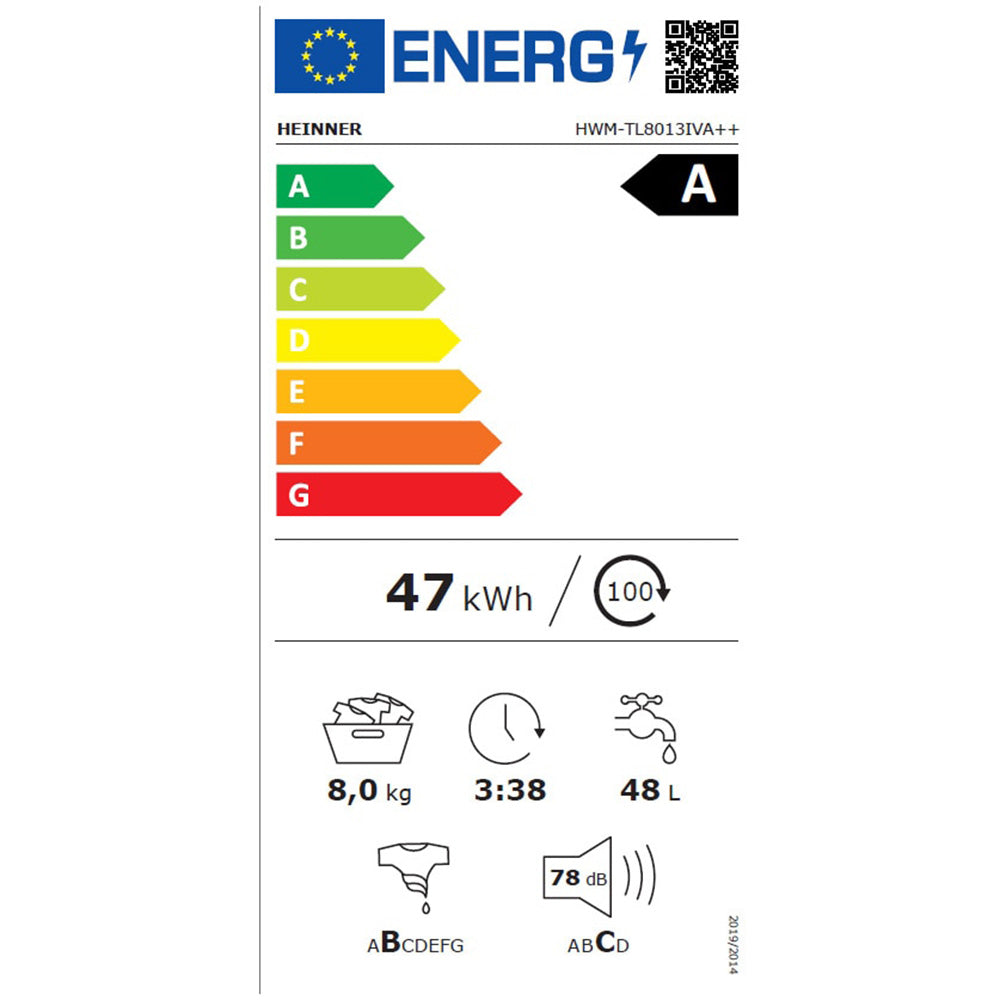Heinner Waschmaschine HWM-TL8013IVA – Toplader – 8 kg – 1300 U/min – Energieeffizienzklasse A – Energielabel