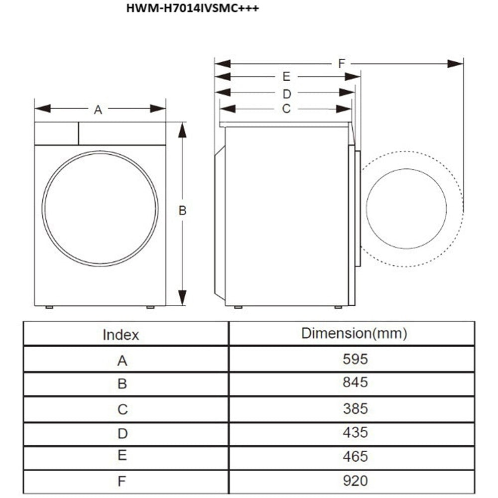 Heinner Waschmaschine HWM-H7014IVSMC – 7 kg – 1400 U/min – Energieeffizienzklasse C – Maßzeichnung