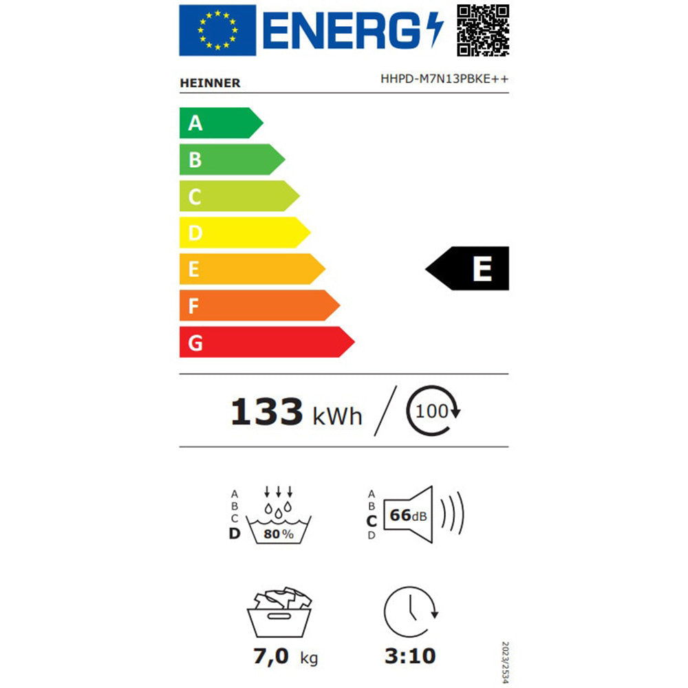 Heinner Wärmepumpentrockner HHPD-M7N13PBKE – 7 kg – Energieeffizienzklasse E – Energielabel