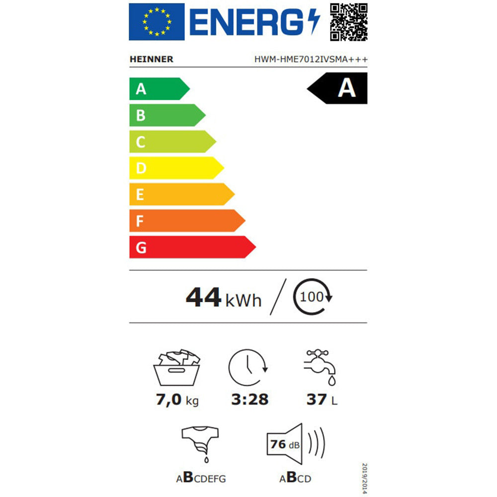 Heinner Waschmaschine HWM-HME7012IVSMA – 7 kg – 1200 U/min – Inverter Motor – Energieeffizienzklasse A – Energielabel