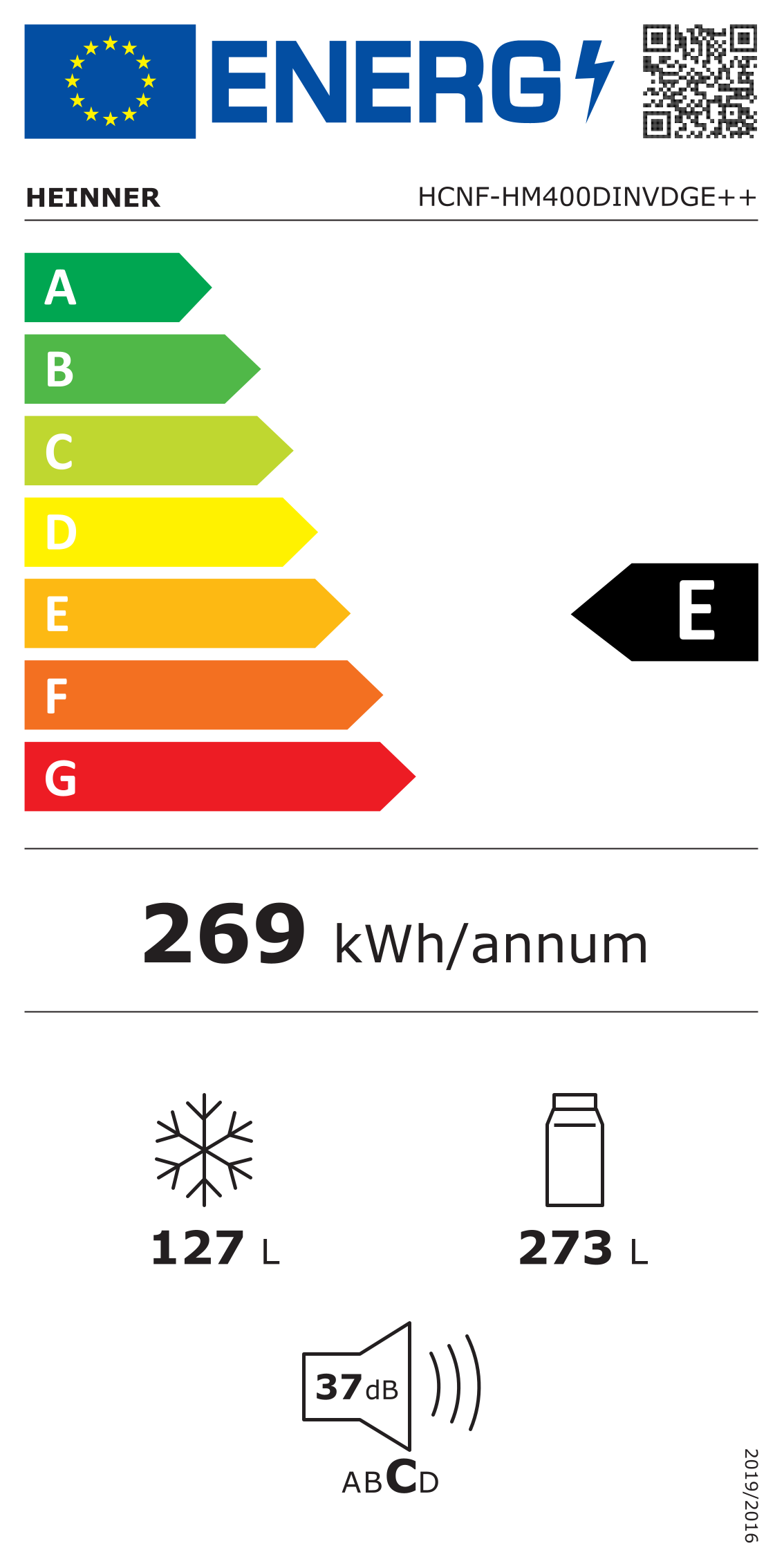 Heinner HCNF-HM400DINVDGE Kühl-Gefrierkombination – 400 Liter – No Frost – Inverter – Energieklasse E – Energielabel