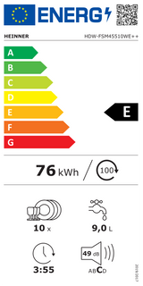 Heinner HDW-FSM45510WE freistehender Geschirrspüler – 10 Maßgedecke – AquaStop – Energieklasse E – Weiß – Energielabel