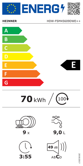 Heinner HDW-FSM45609DWE freistehender Geschirrspüler – 9 Maßgedecke – AquaStop – Energieklasse E – Weiß – Energielabel