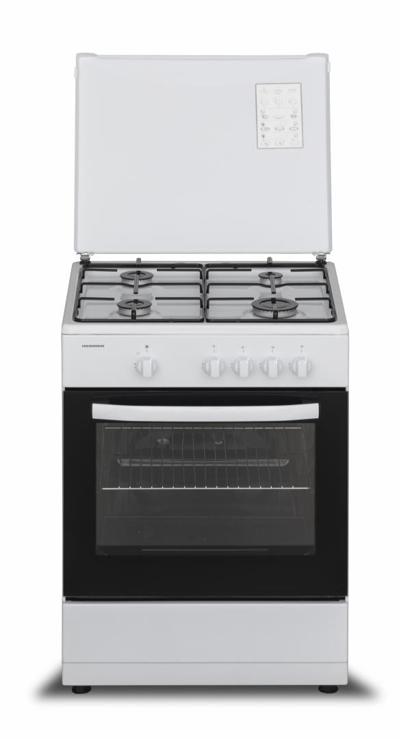 Heinner-Gasherd HFSC-SME60WH – 60 cm – 4 Kochstellen – Gasbackofen mit Grill – weiß – Produktfoto