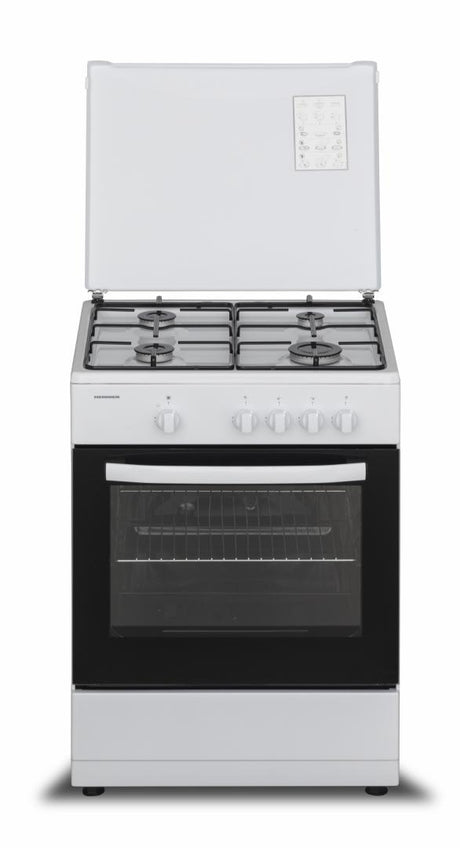 Heinner-Gasherd HFSC-SME60WH – 60 cm – 4 Kochstellen – Gasbackofen mit Grill – weiß – Produktfoto