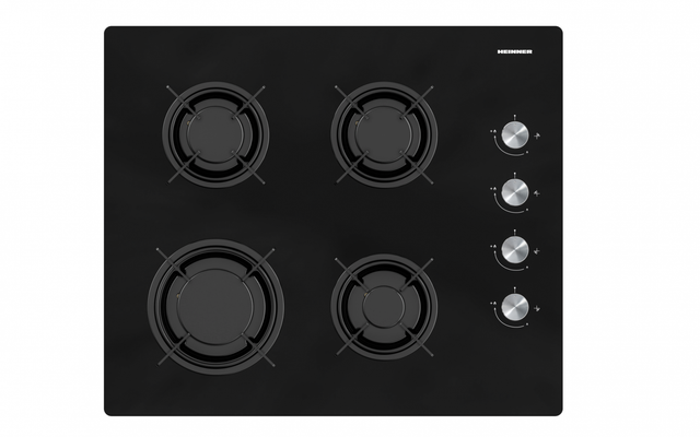 Heinner HBH-M402IEGBK Einbau-Gaskochfeld – 4 Brenner – schwarzes Glas – Produktfoto